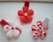 Red and White Mix Flower Hair Clips - Set of 3