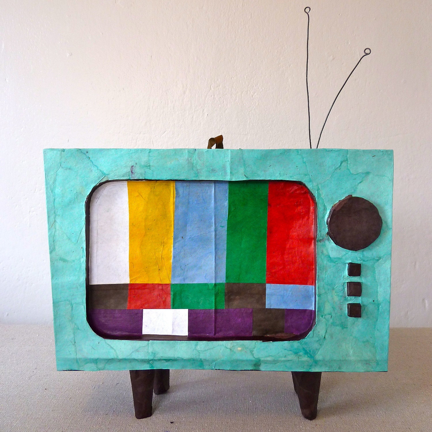 Vintage TV Piñata (teal with test screen, party size) - PRICE REDUCED