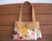 Fabric Handbag Purse Tote Bag Small Reversible Bag in Off white with Multicolor Flower print / Ready to ship