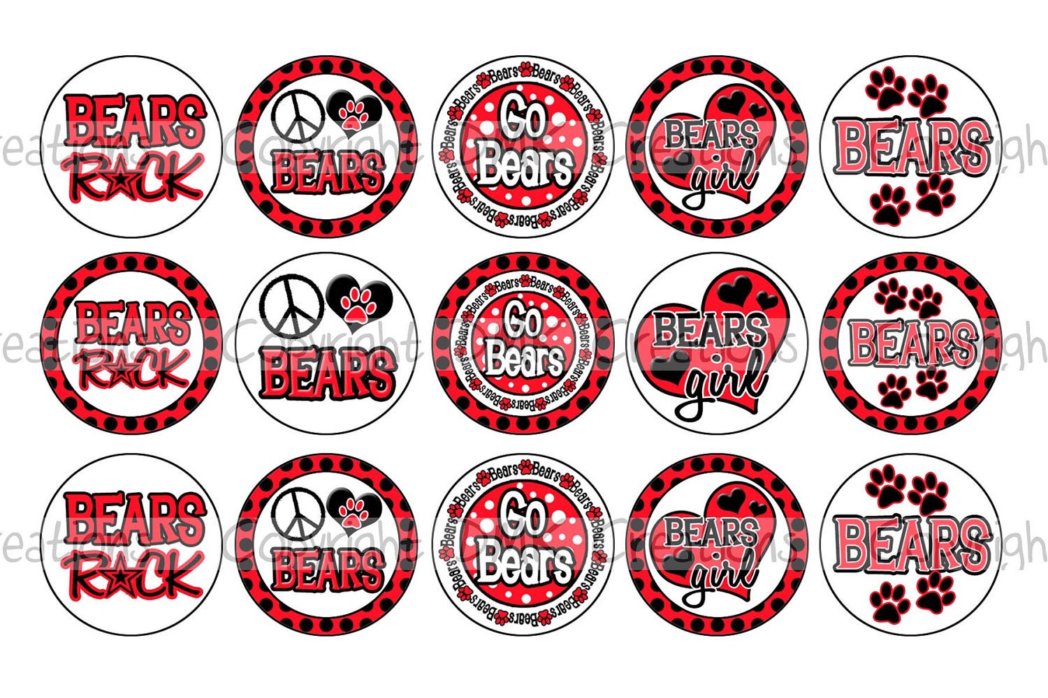 Bears INSPIRED Black & Red Sports Team School Spirit Bottle Cap Images 4x6 Printable Bottlecap Collage