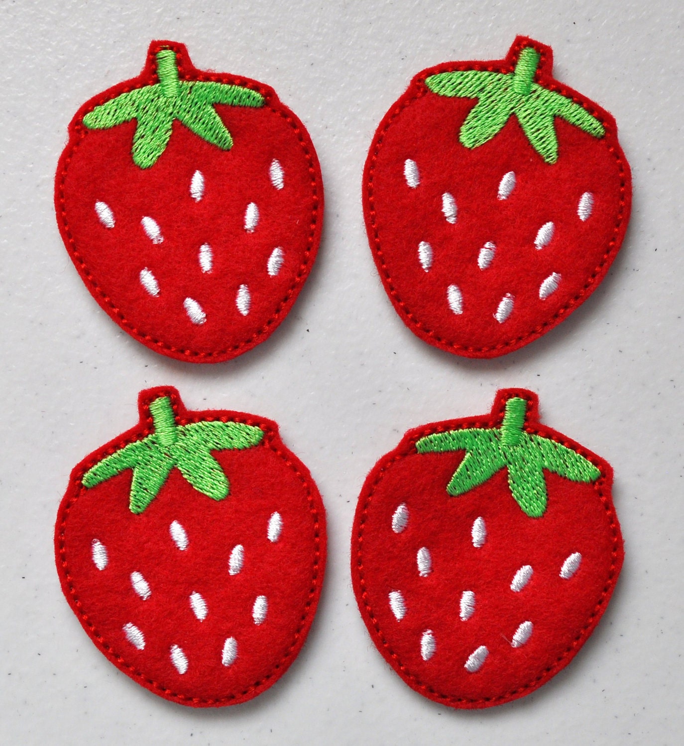 Sweet Strawberry on Red Felt Embroidered Embellishment Clippie Cover SET of 4