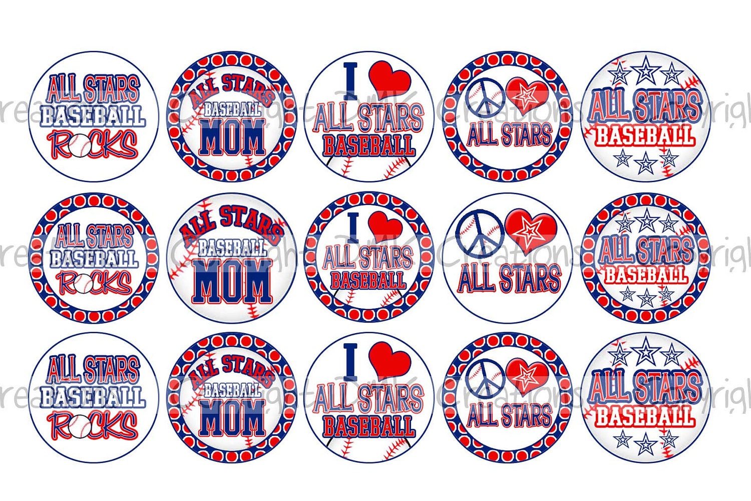 All Stars BASEBALL Blue & Red Sports Team School Spirit Bottle Cap Images 4x6 Printable Bottlecap Collage INSTANT DOWNLOAD
