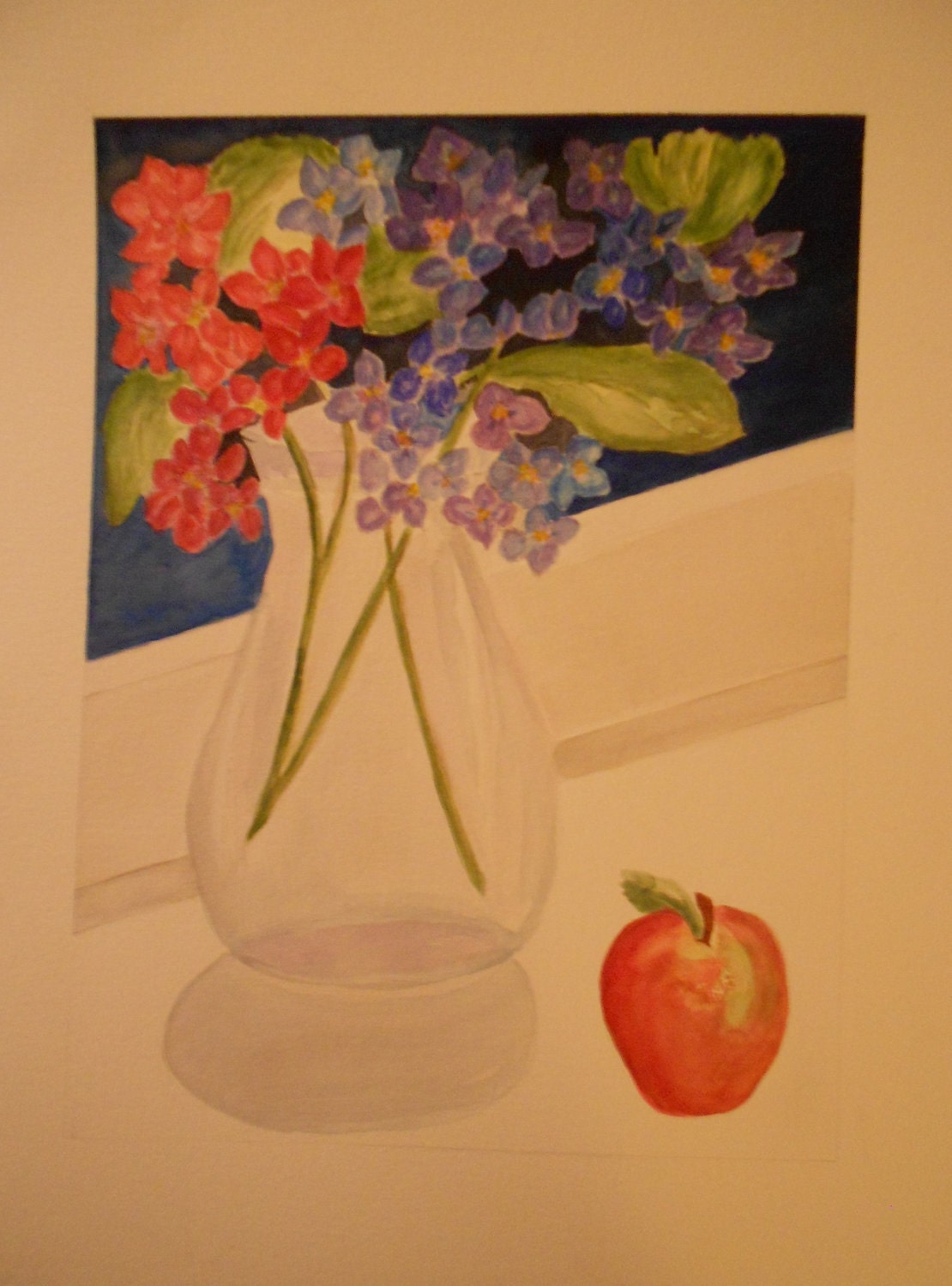 Still Life of Flowers with Apple Original Watercolor Painting