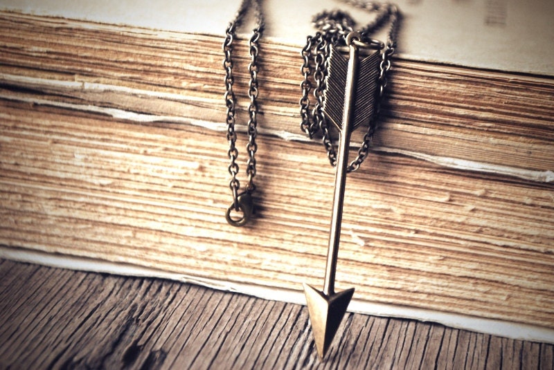 Arrow Necklace Large Pendant in antiqued Brass Warrior Statement great layering piece