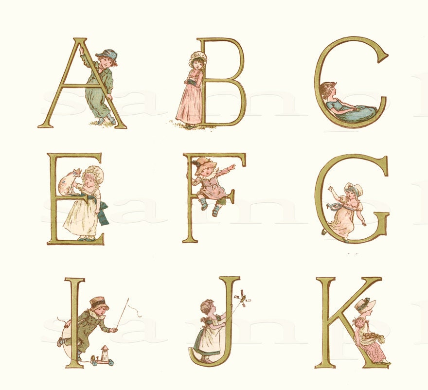 Adorable Adorned Alphabet - Wonderful Vintage  Alphabet Print - 11 x 17 inch - ChildsTouch