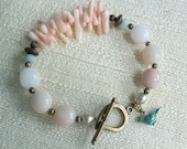 Pink Opal and Coral Brass Bracelet with Patinated Bird Charm, One of a Kind