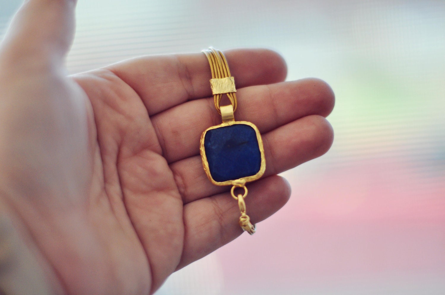 summer fashion sea navy blue jade large stone gold frame gemstone bracelet gold leather cord israel jewelry