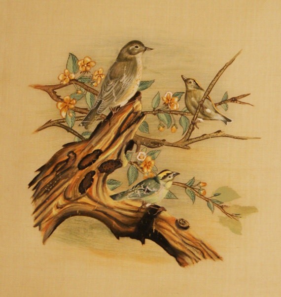 Vintage Silk Painting - Birds on Tree with Blossoms - Hand Painted Original - Very Fine Detail