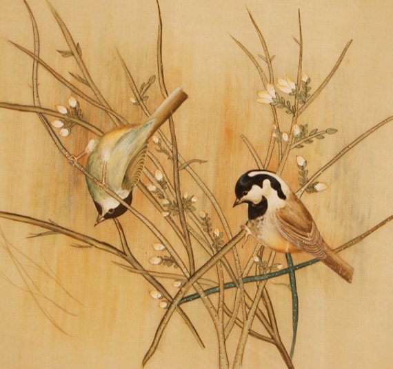 Vintage Silk Painting - Birds on Branches with Blossoms - Hand Painted Original - Very Fine Detail