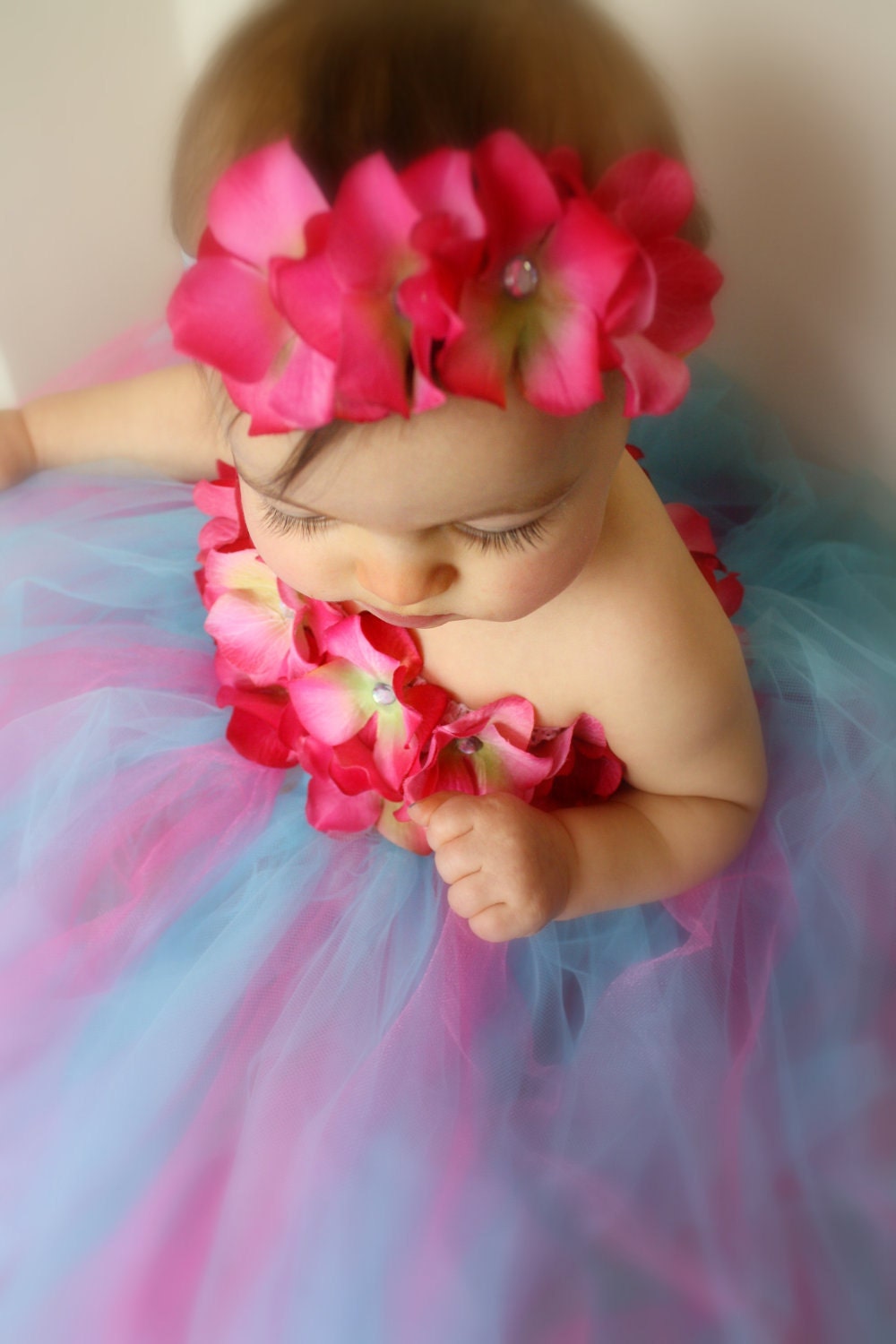 Baby Dress - Fuschia & Turquoise Hydrangea Tutu Dress with Matching Headband - Easter Dress