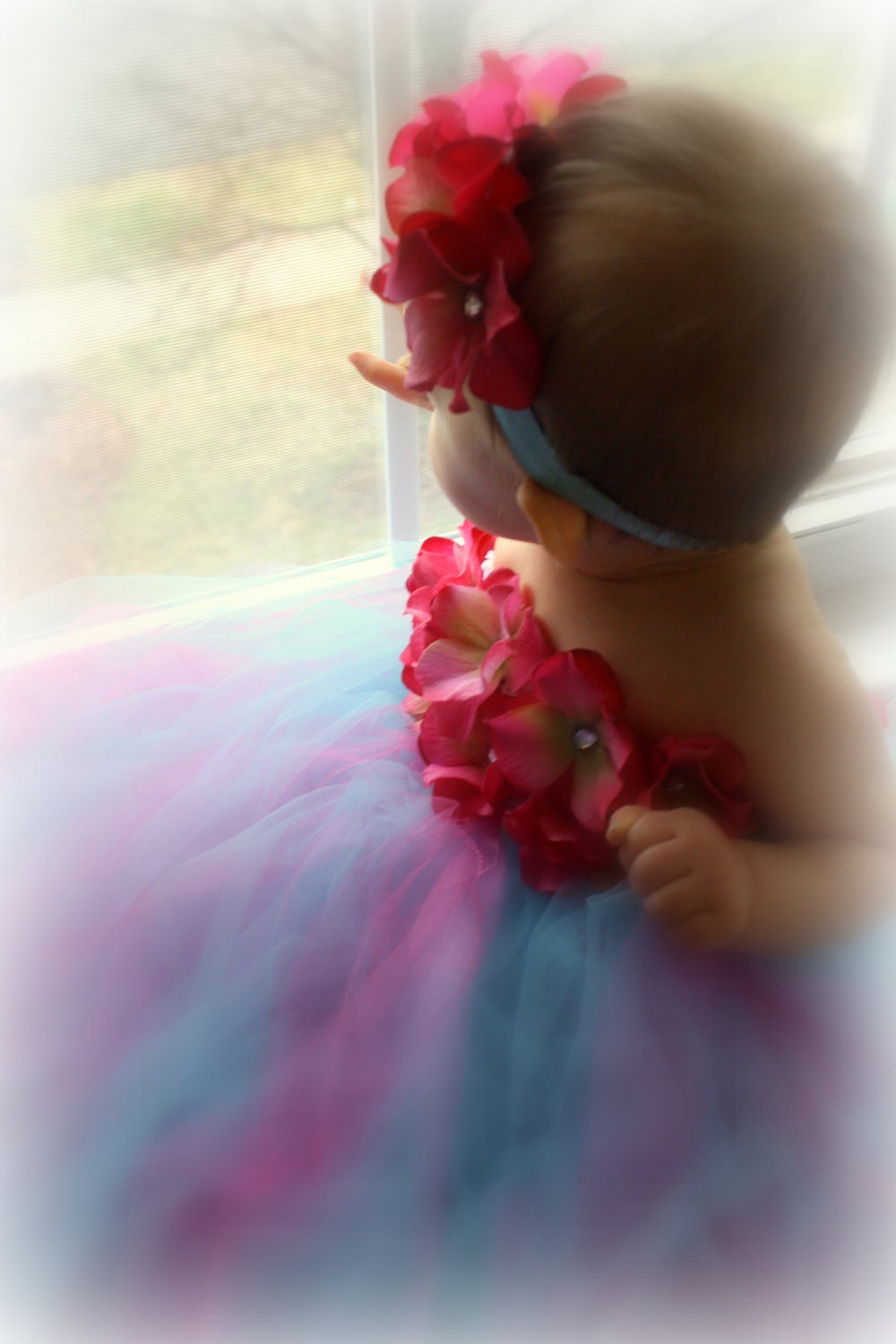Baby Dress - Fuschia & Turquoise Hydrangea Tutu Dress with Matching Headband - Easter Dress