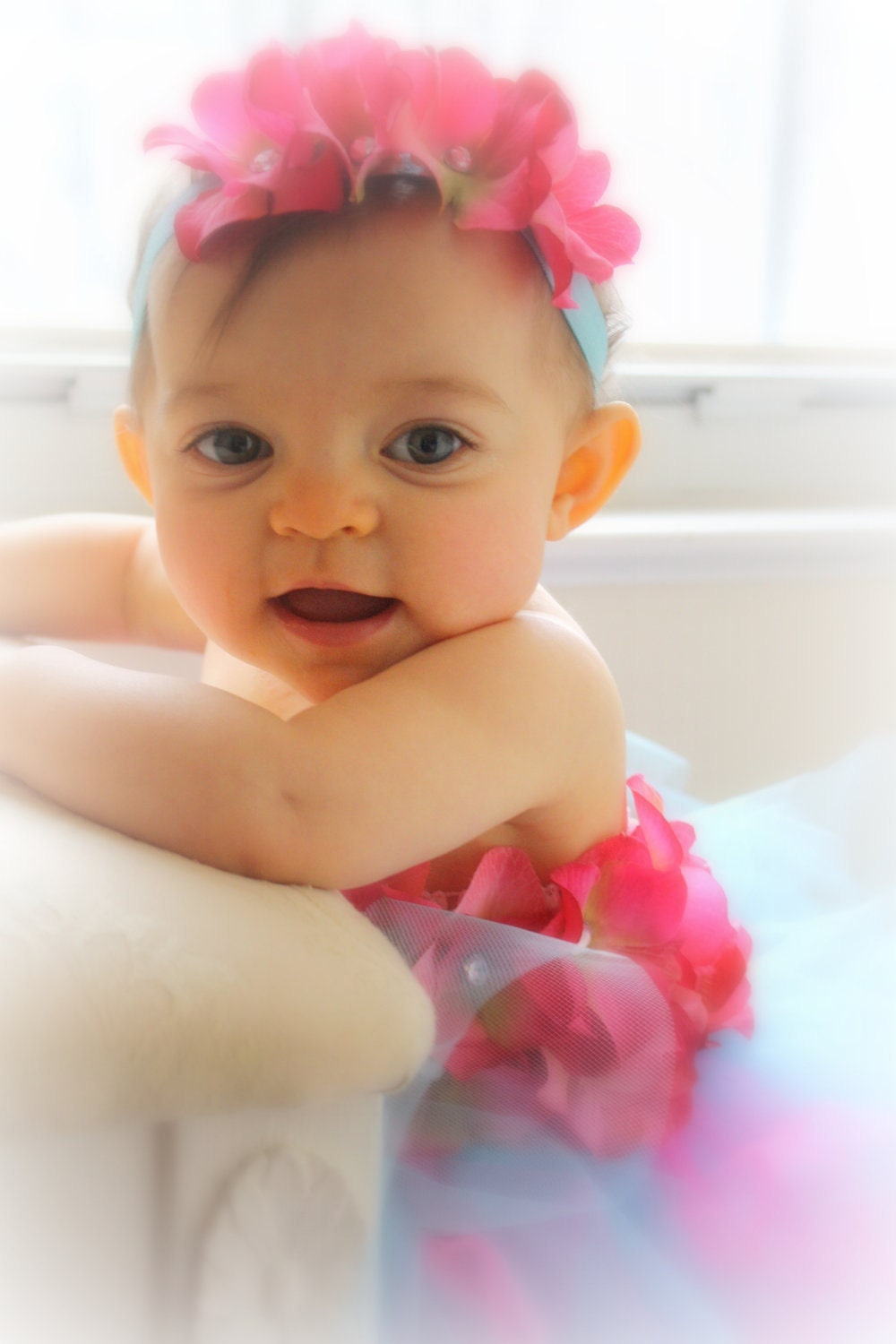 Baby Dress - Fuschia & Turquoise Hydrangea Tutu Dress with Matching Headband - Easter Dress