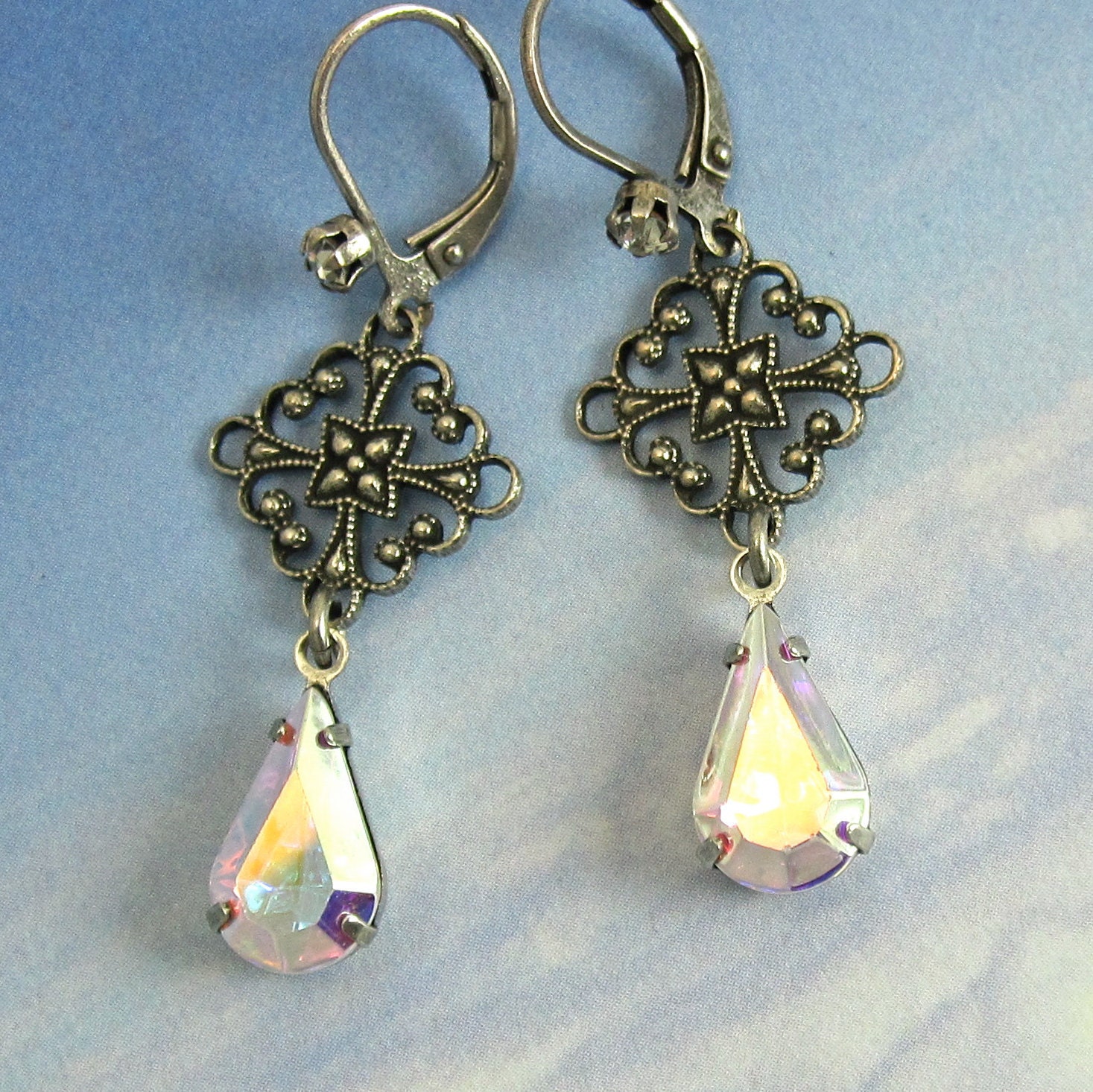 Filagree Drop Earrings Art Deco Silver and Iridescent Crystal