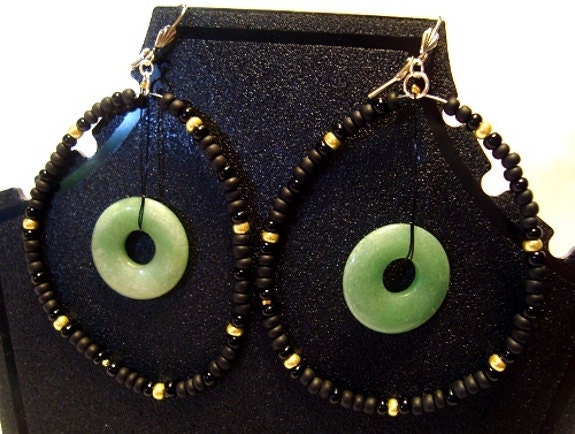 Hoop Earrings Jade Doughnut beaded Hoop Earrings.