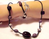 leather Choker Braided with Wrap-around Bracelet Pruple and White. Set020