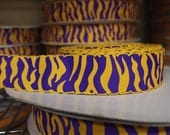 1.5" LSU Yellow Gold Tiger stripe printed on Purple ribbon with yellow gold moonstitch edge 100 yards