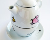 Farm animals, personalized hand painted porcelain set with cup, saucer and tea pot