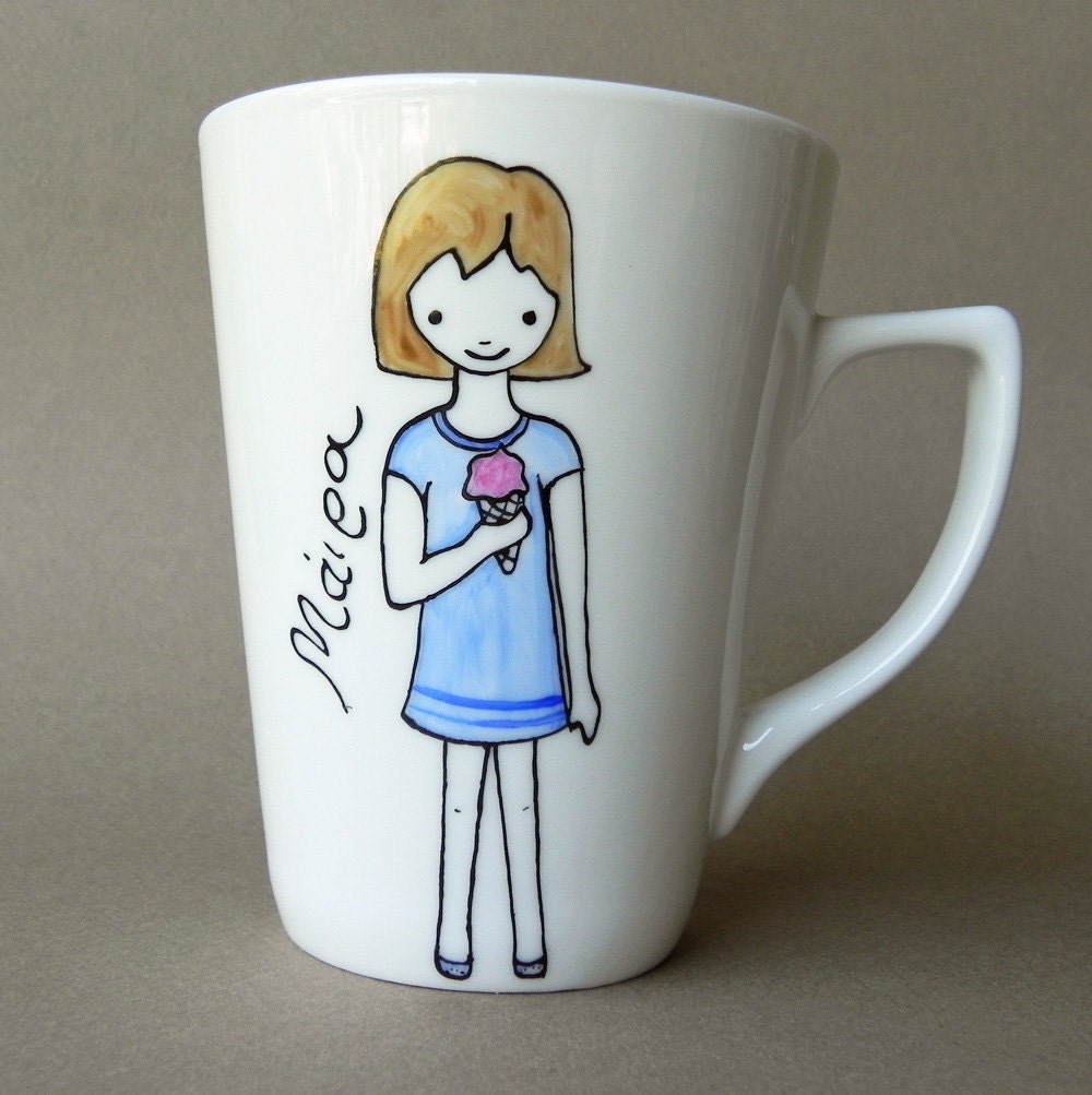 Hand painted custom made porcelain cup, young girl eating ice cream