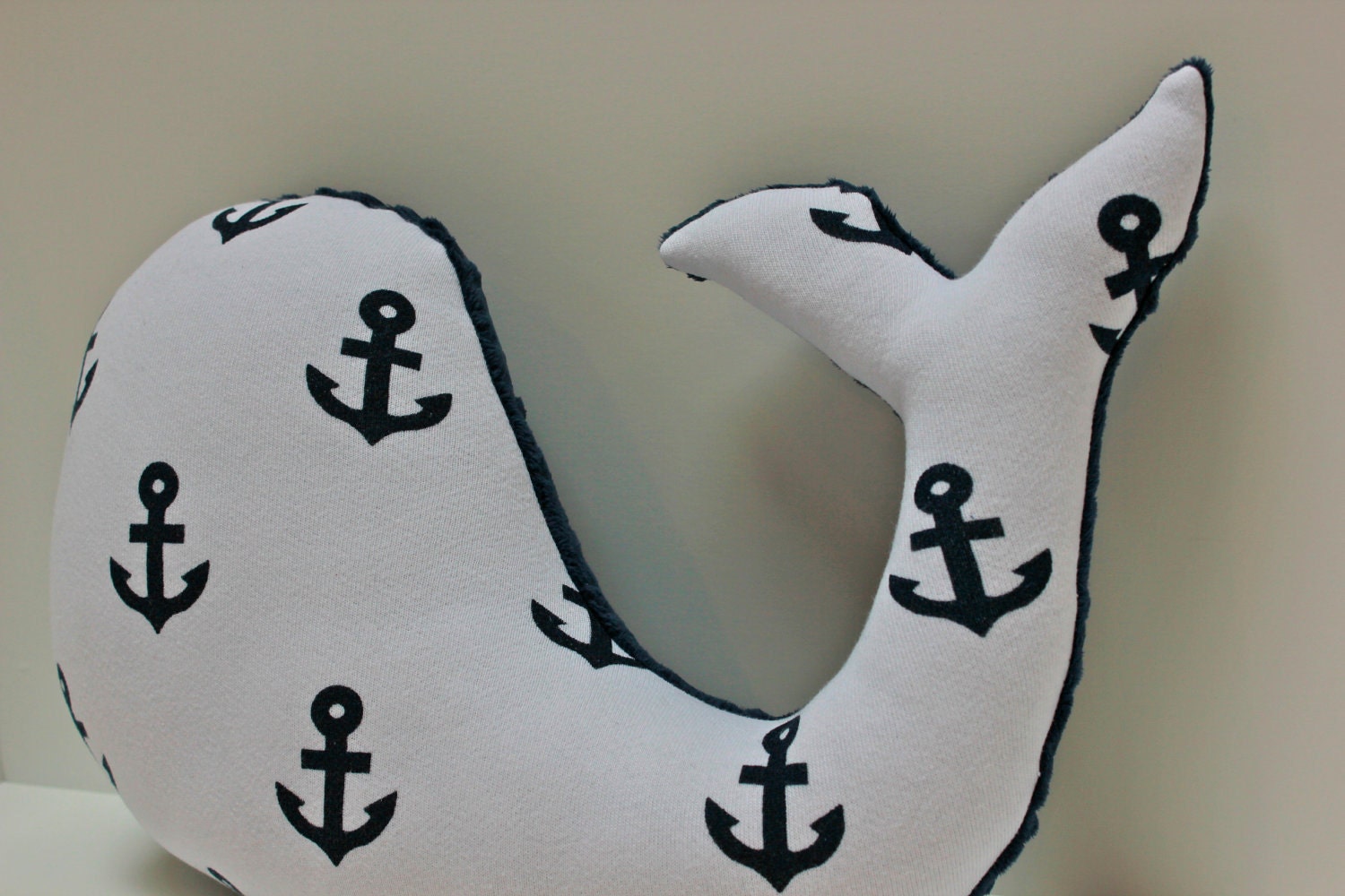 Navy white WHALE pillow - nursery toy nautical plushie - minky anchor boat beach - baby shower decor
