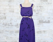 Vintage 80's Abstract Print Purple Sun Dress M or L