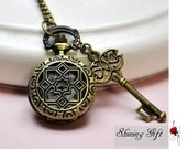 Vintage style curved Moon and Star pocket watch Locket necklace with brass key