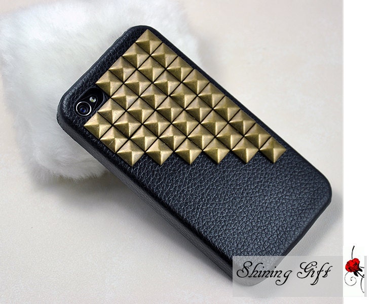 Metal Bronze pyramid stud Black PU Leather Hard Case Cover ----for Apple iPhone 4S Case, iPhone 4 Case, iPhone Case