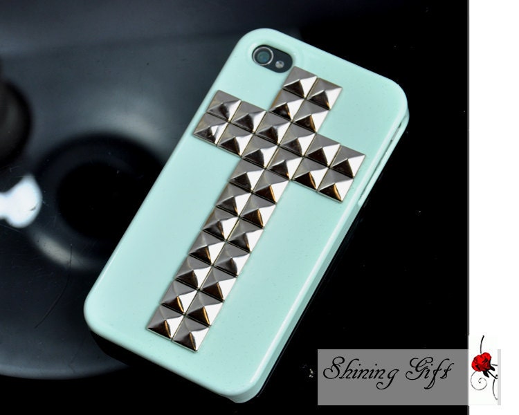 Cross Antique Silver Pyramid studs Mint Green Hard Case For Apple iPhone 4 , iPhone 4s, iPhone 4 Hard Case, iPhone Case
