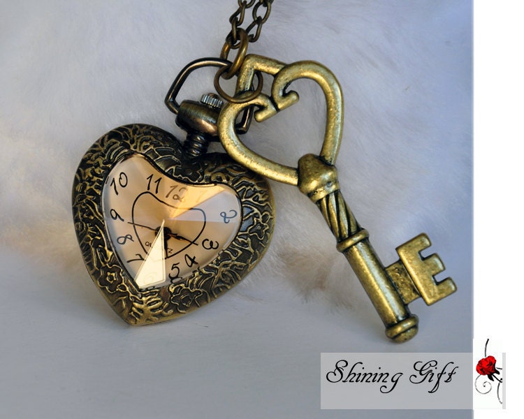 Heart Shaped Vintage Inspired brown cover Watch Necklace with loving key