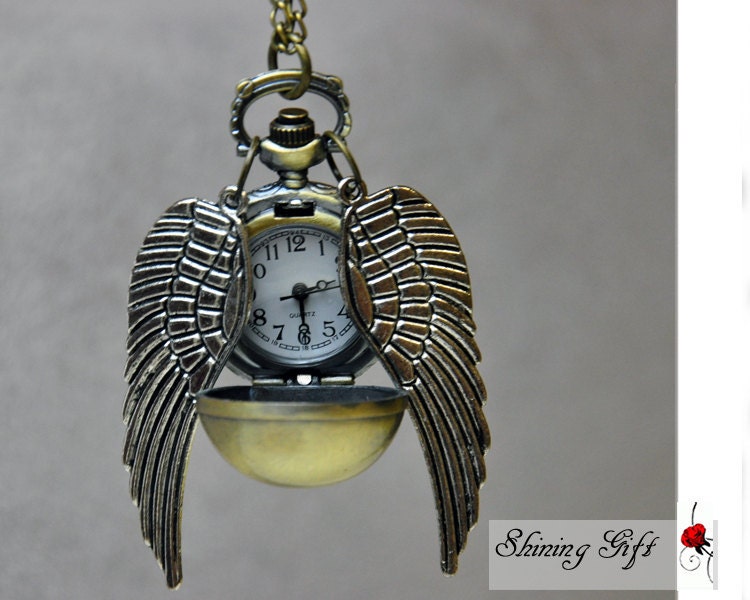 Enchanted Golden Snitch WATCH necklace silver Double side wings