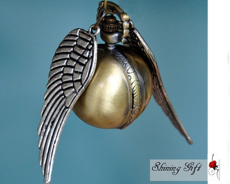 Enchanted Golden Snitch WATCH necklace silver Double side wings