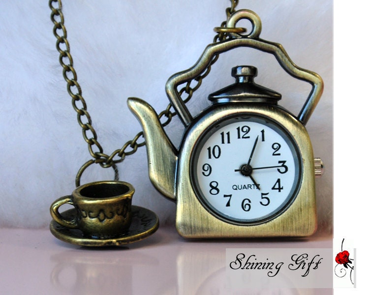 Vintage Style Teapot and cup WATCH Necklace-Time for Tea