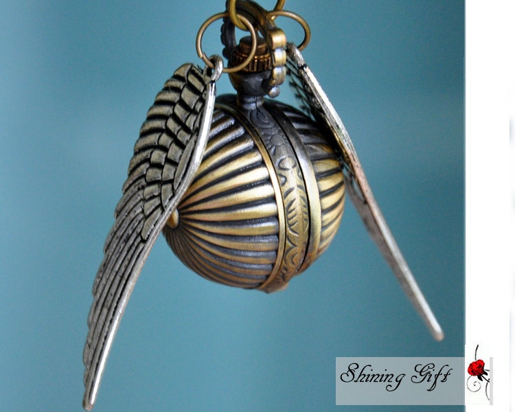 Enchanted Golden Snitch WATCH necklace with Double Sided wings