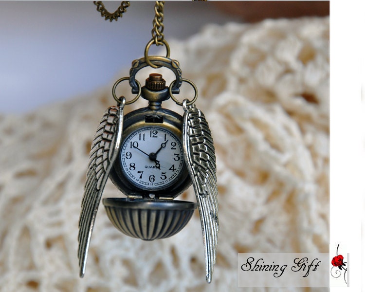 Enchanted Golden Snitch WATCH necklace with Double Sided wings