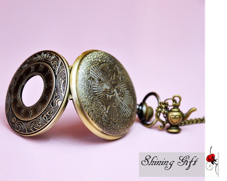 Vintage Pocket Watch Necklace, Roma Number with a vintage teapot, Time for Tea (Big Size)