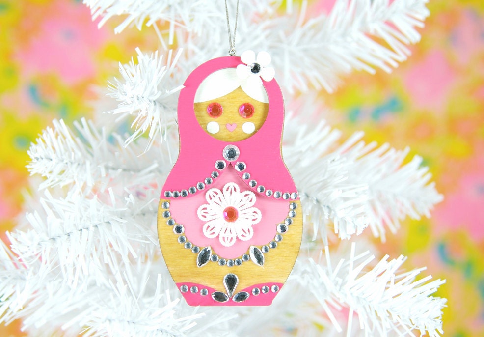 Matryoshka Ornament Nesting Doll Jeweled Wood Hand Painted Pink