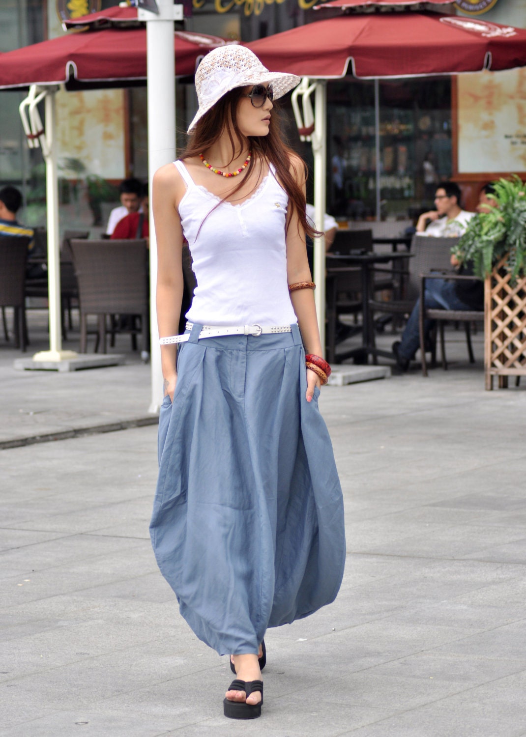 Sexy Grey-blue Skirt Linen Bud Long Maxi Skirt - NC024