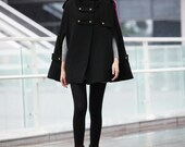 Black Double Breasted Button Hooded Cashmere Women Coat Wool Winter Cape Coat Hood Cloak for Women - NC230