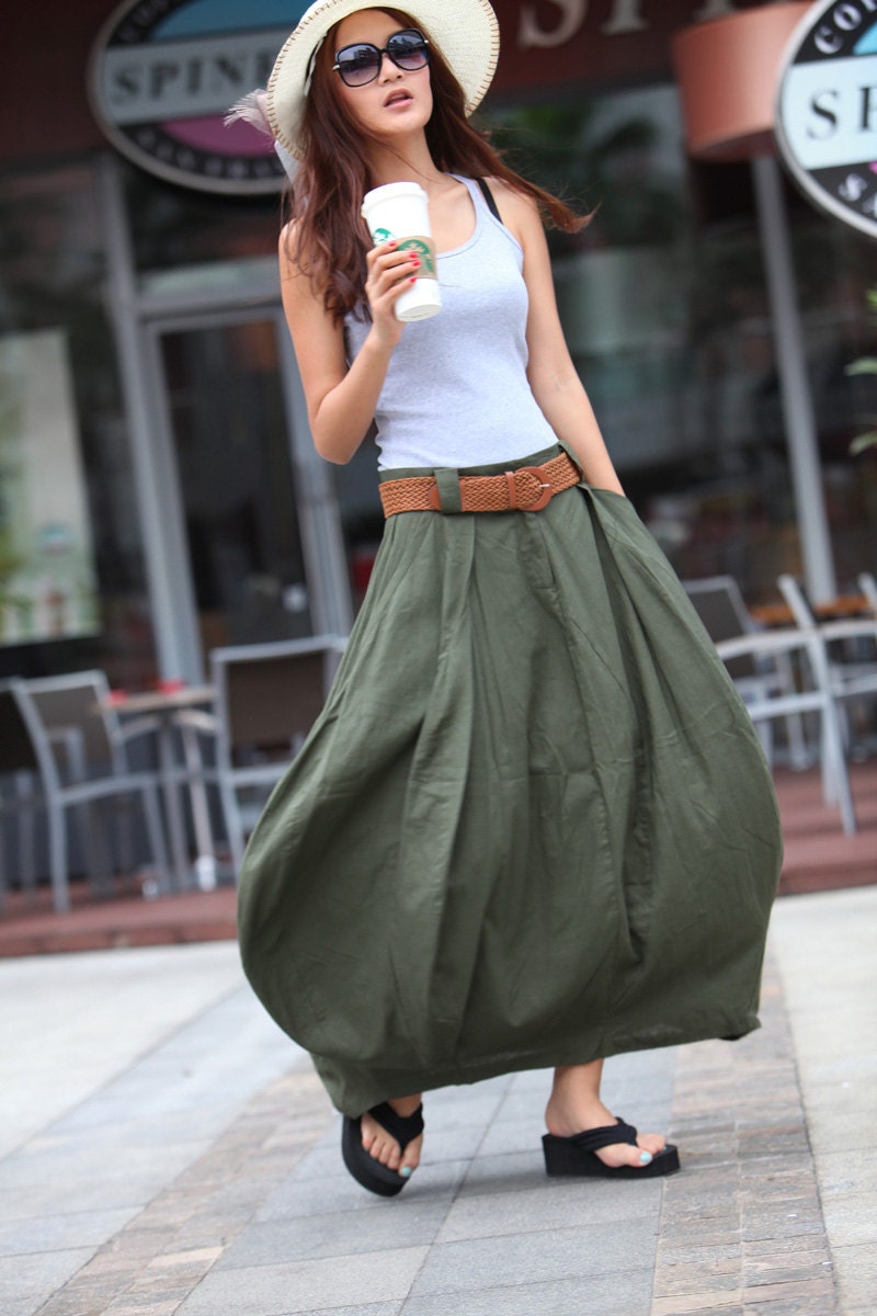 Romantic Army Green Pretty Linen Bud Long Maxi Skirt - NC336