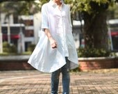 Spring Dress Half Sleeve Dress Shirt Loose Fitting Blouse Long Shirt Dress in White - NC357