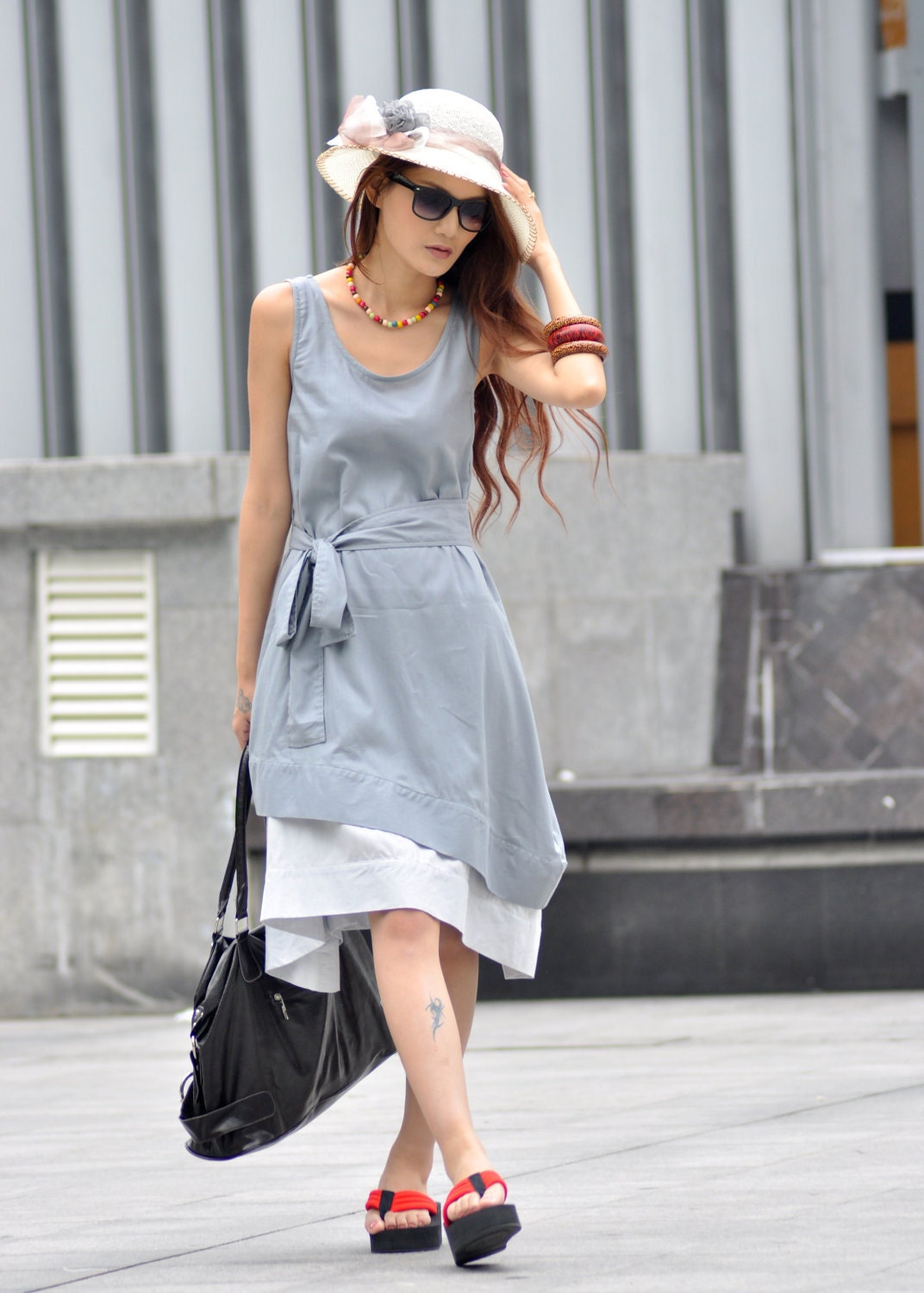 Grey Dress Two Layers Vest Long Sundress Silk Cotton Dress Custom Made - NC008