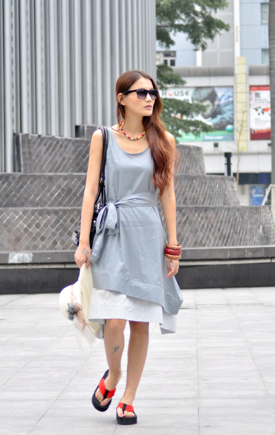 Grey Dress Two Layers Vest Long Sundress Silk Cotton Dress Custom Made - NC008