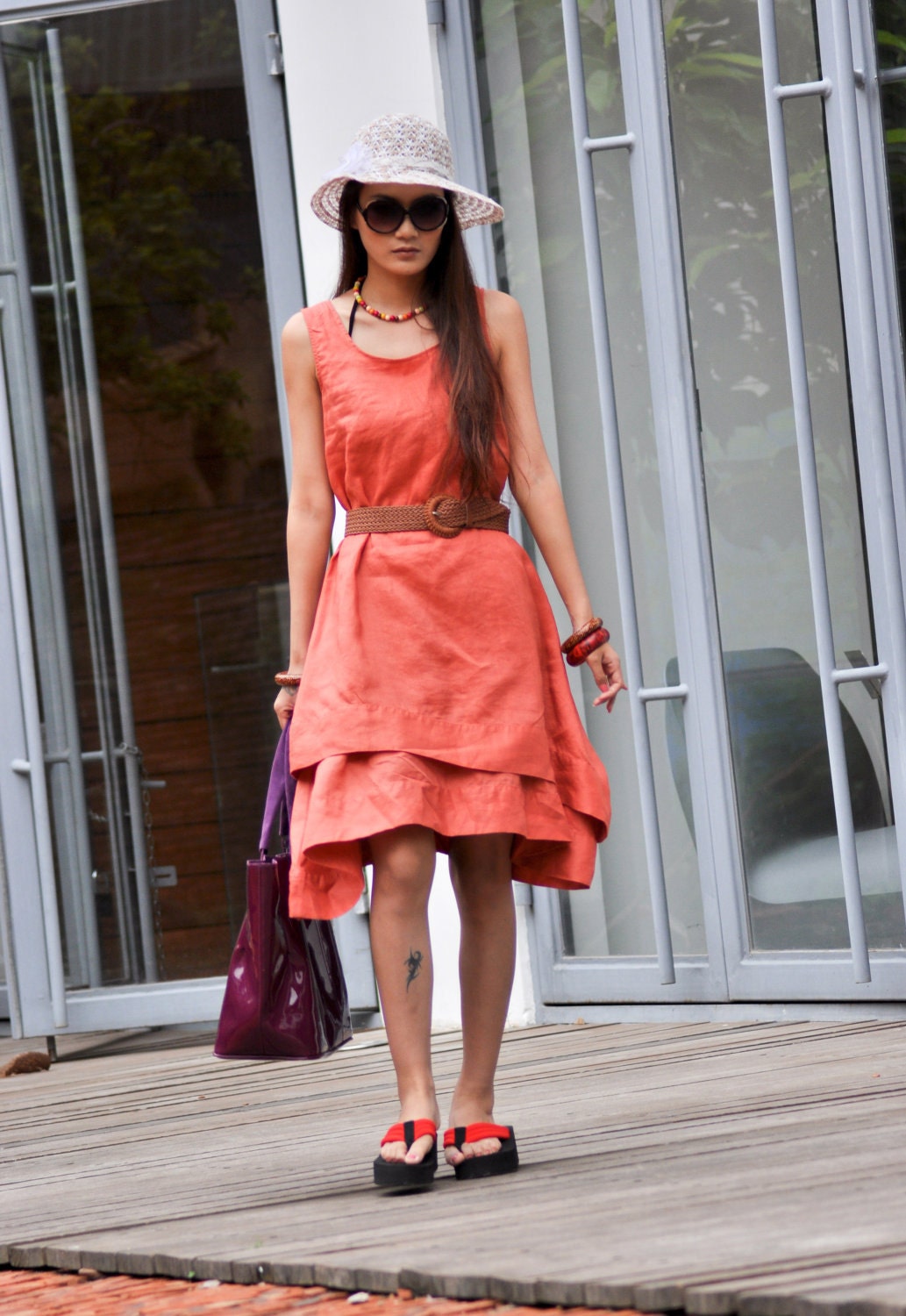 Graceful Orange Double-deck Vest Ramie Dress - NC026