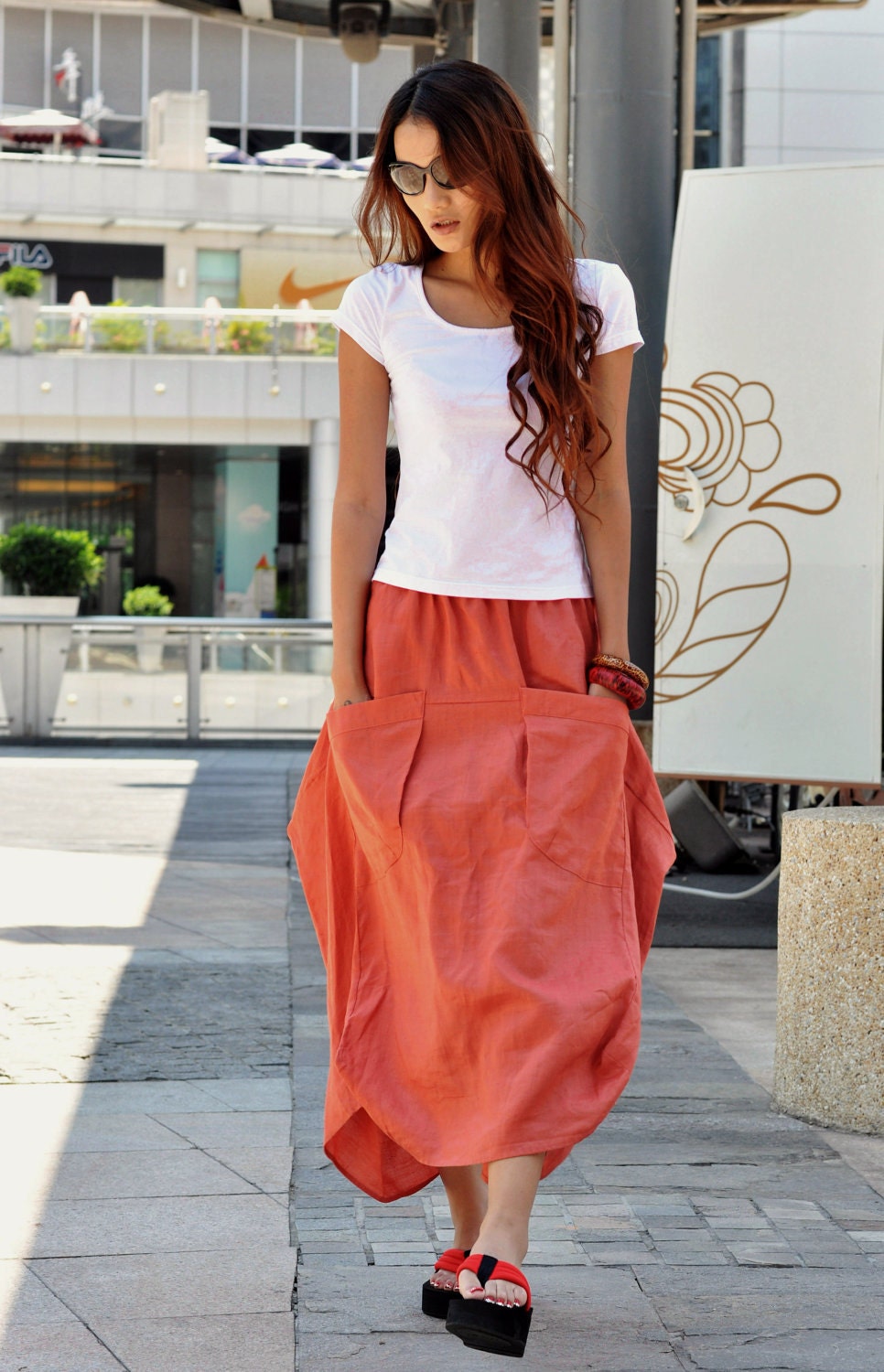 Lagenlook Maxi Skirt in Orange Two Big Pockets Elastic Waist Skirt - NC048
