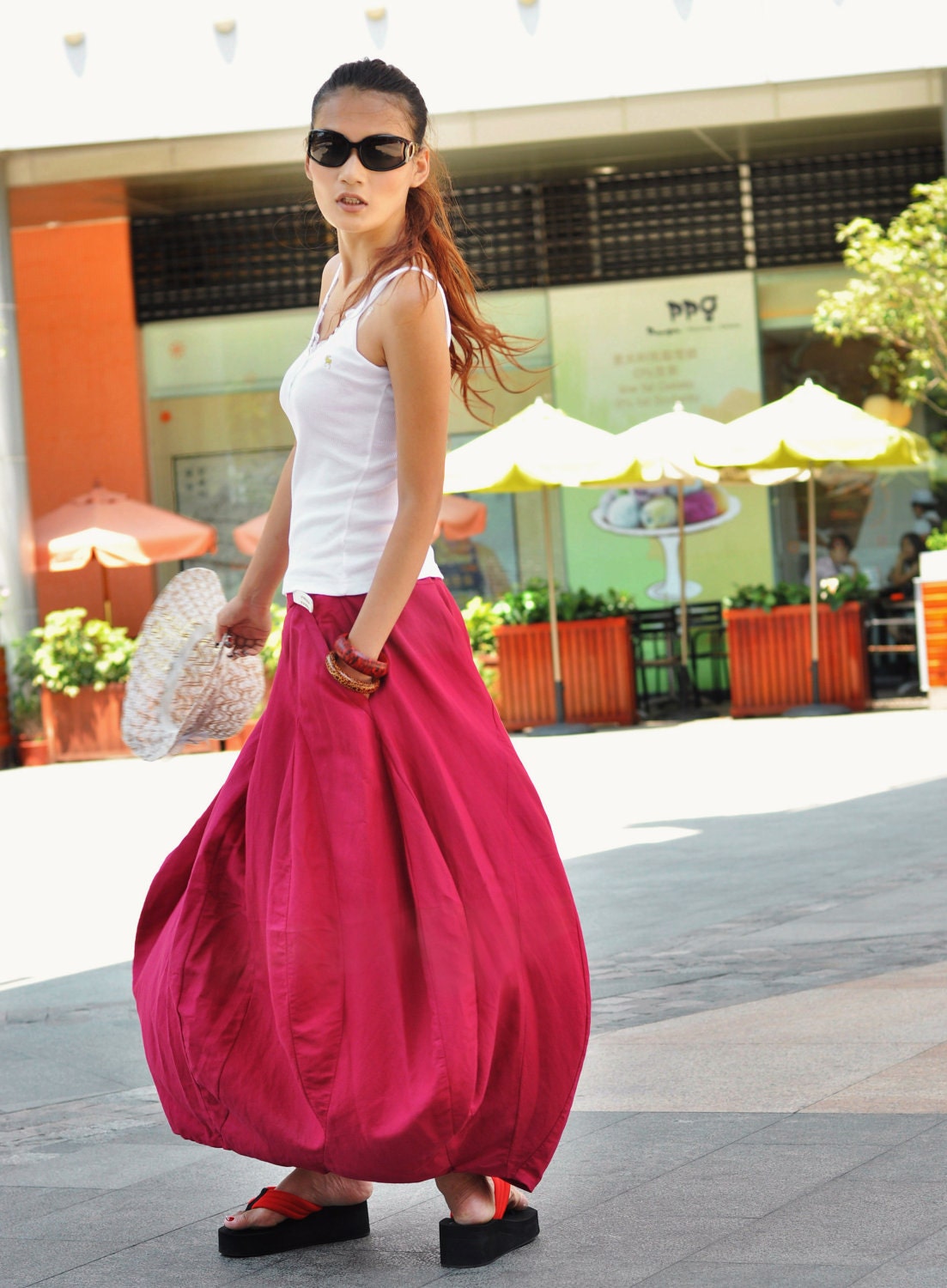 Romantic Rose Red Pretty Linen Bud Long Maxi Skirt - NC054