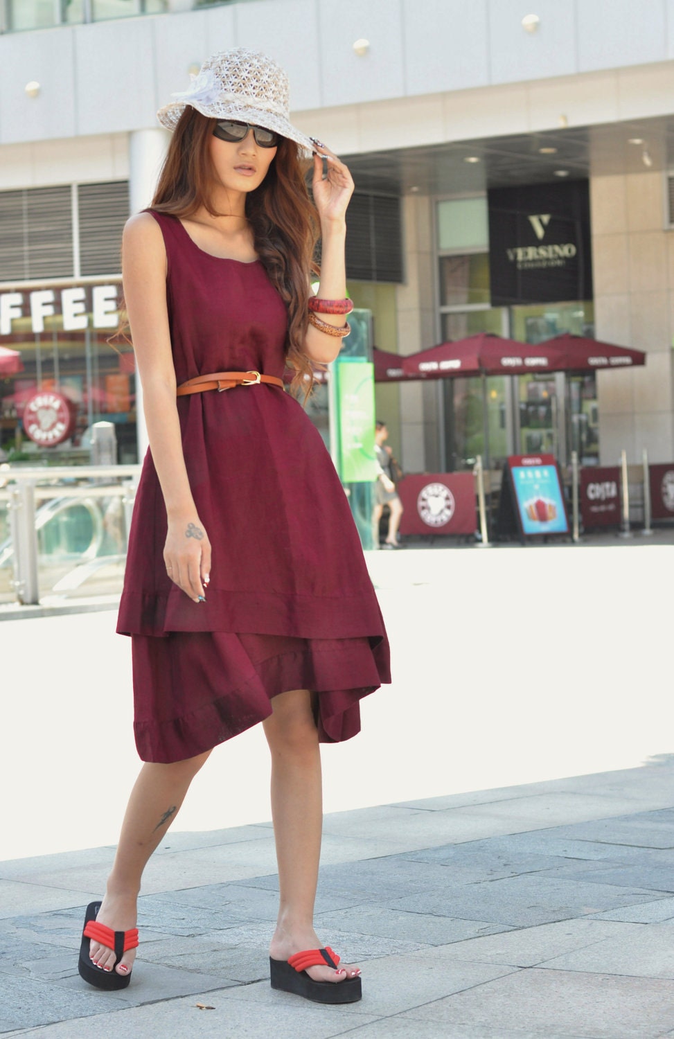 Purple-red Sundress Ramie Double-deck Vest Dress - NC057