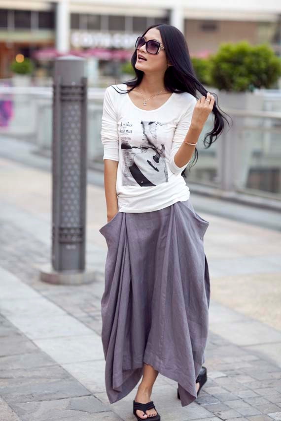 Lagenlook Hot Maxi Skirt Unique Long Skirt in Gray - NC144