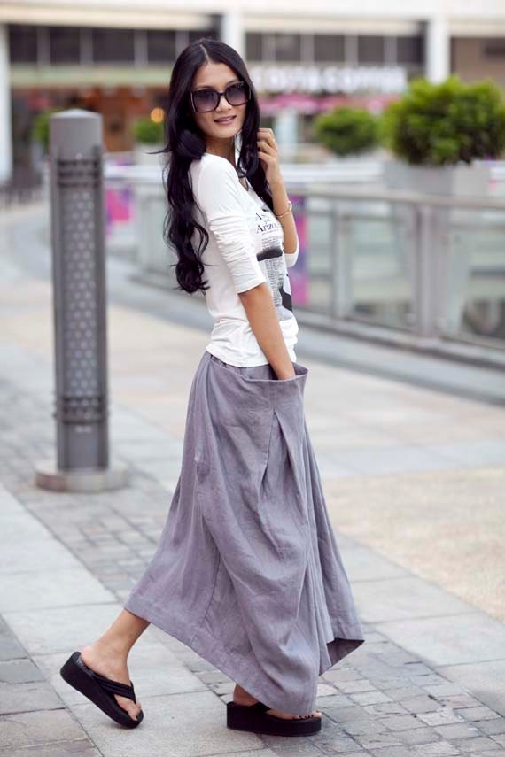 Lagenlook Hot Maxi Skirt Unique Long Skirt in Gray - NC144