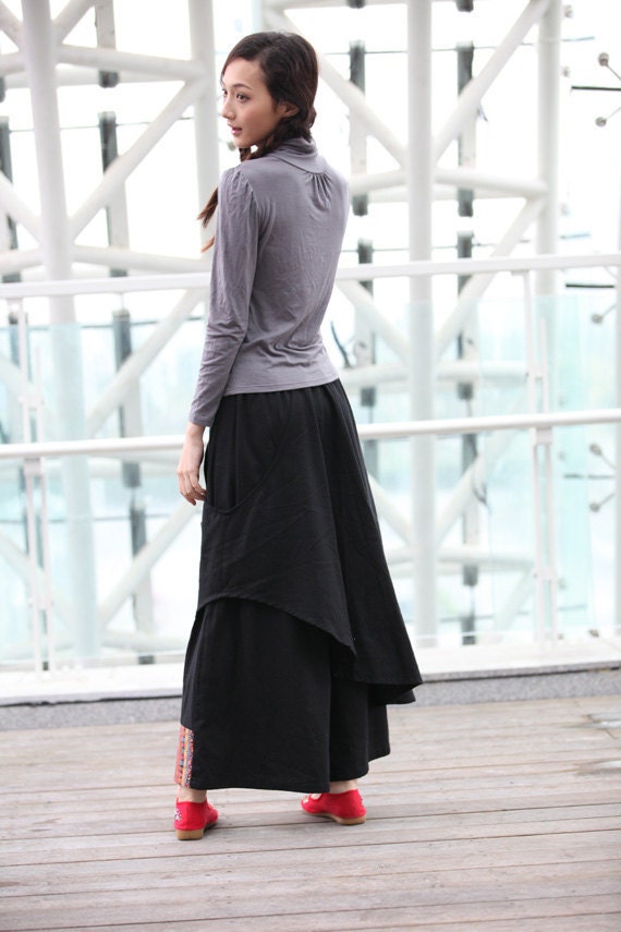 Black Indian Ethnic Linen Patchwork Wide Leg Pants skirt - NC234