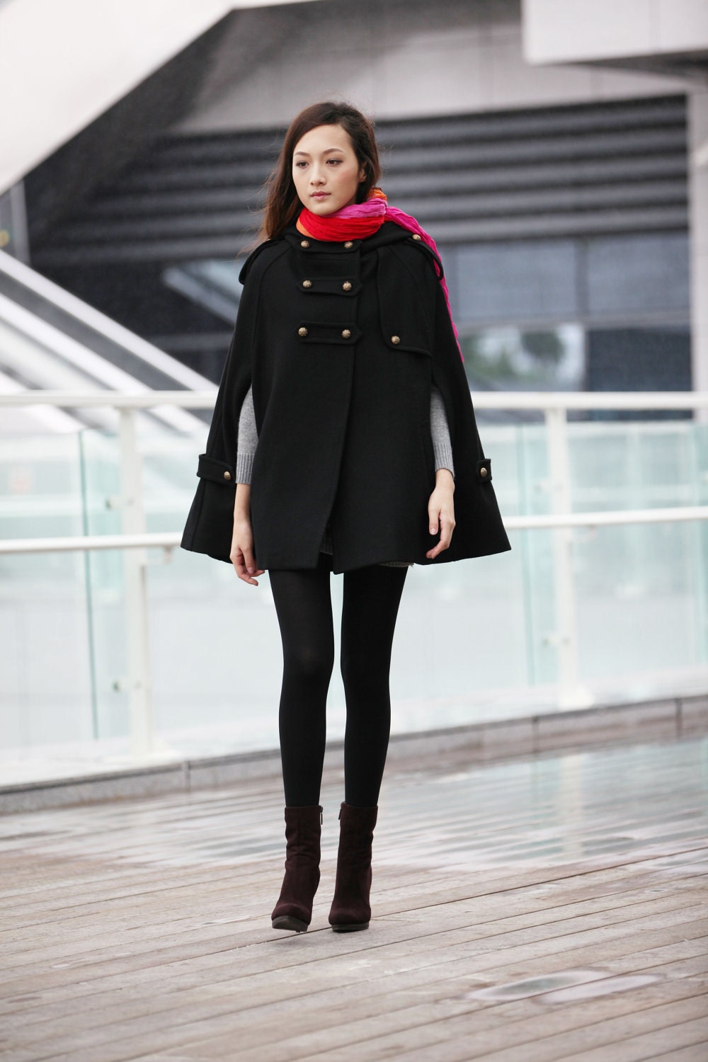 Black Double Breasted Button Hooded Cashmere Women Coat Wool Winter Cape Coat Hood Cloak for Women - NC230