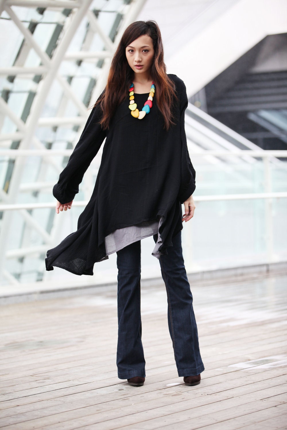 Lagenlook Ethnic Dress Long Sleeve Loose Fitting Shirt Coat Dress in Black Cotton Dress - NC220